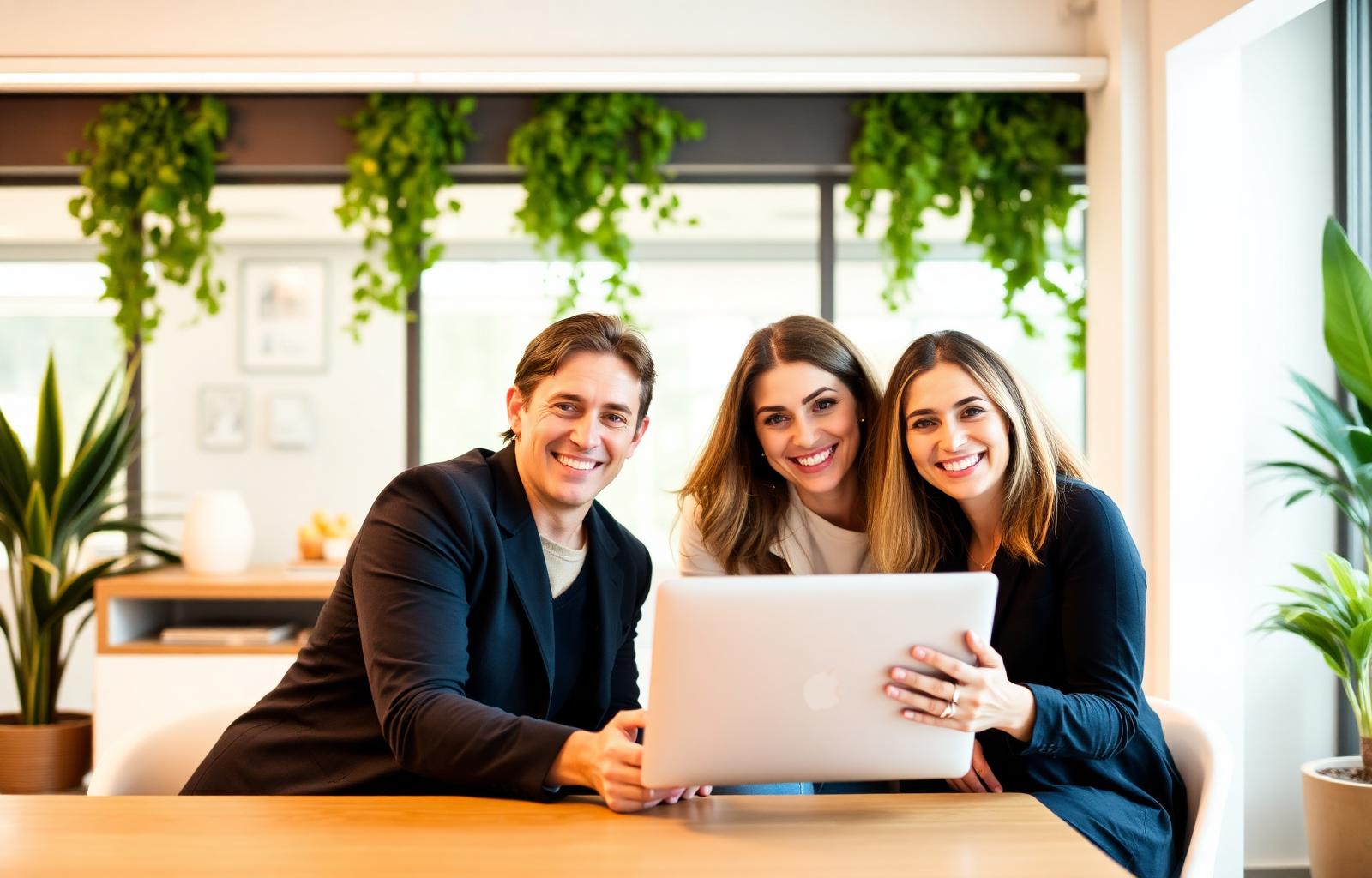 Équipe de conseillers Famillys souriants autour d'un ordinateur dans un bureau lumineux : accompagnement humain pour trouver une famille d'accueil